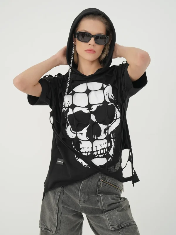 tricou cu glugă cool negru damă
