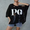 tricou perforat oversized negru damă