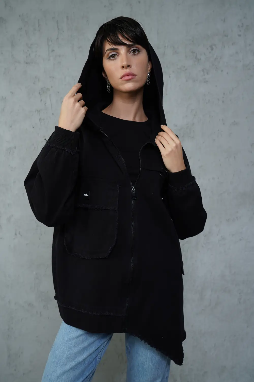 Geaca Asimetrica Urbana, Femei, Neagra, Bumbac 100% L