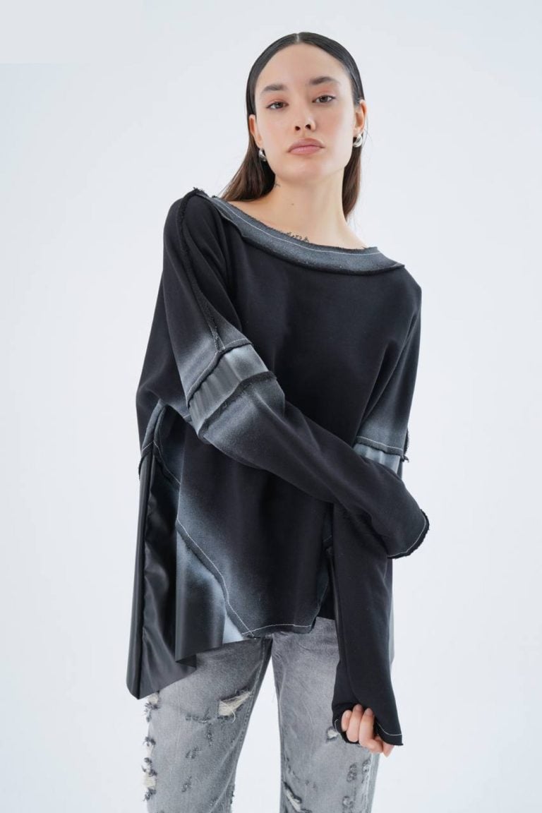 bluză oversized femei, gri negru, asimetrică