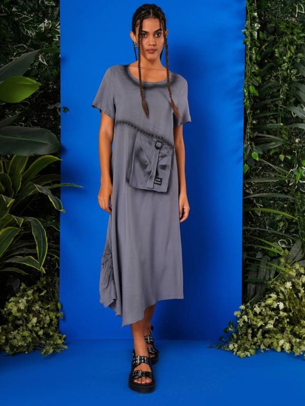 rochie asimetrică cu buzunar decorativ gri damă