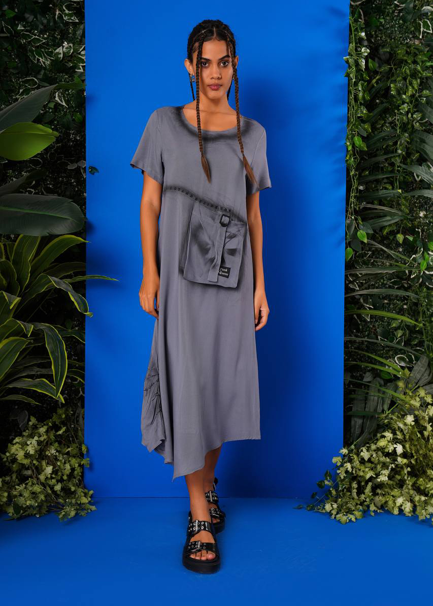 Rochie Asimetrica cu Buzunar Decorativ, Femei, Gri XL