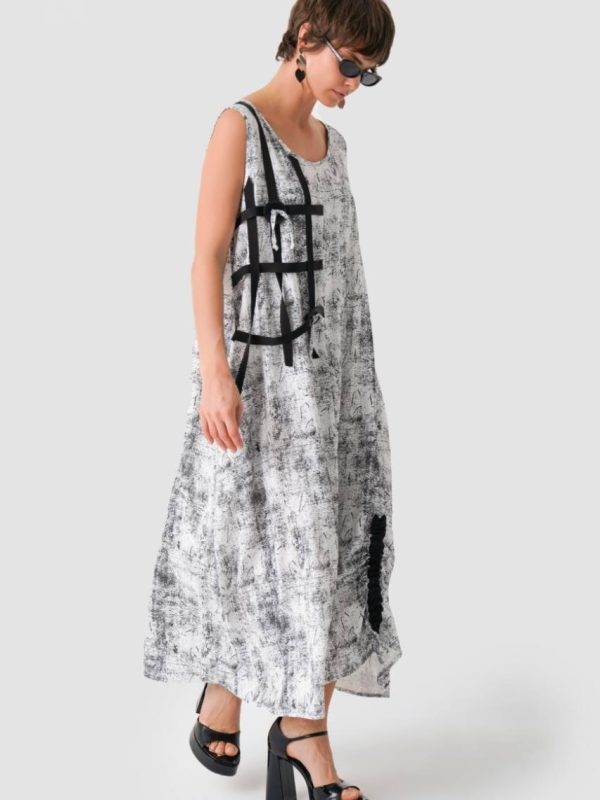 rochie maxi cu imprimeu urban albă damă
