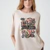 tricou oversized cu imprimeu abstract artistic bej damă