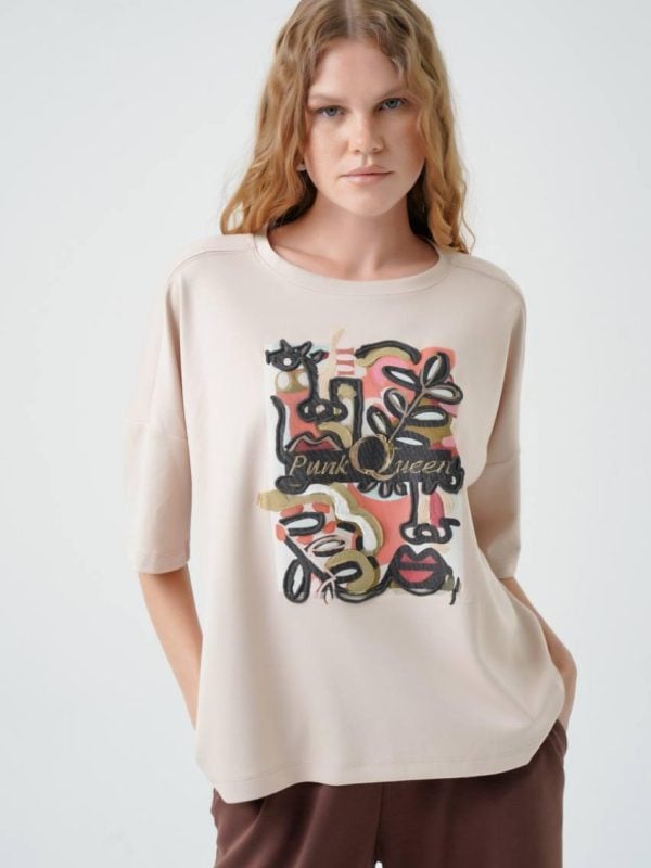 tricou oversized cu imprimeu abstract artistic bej damă