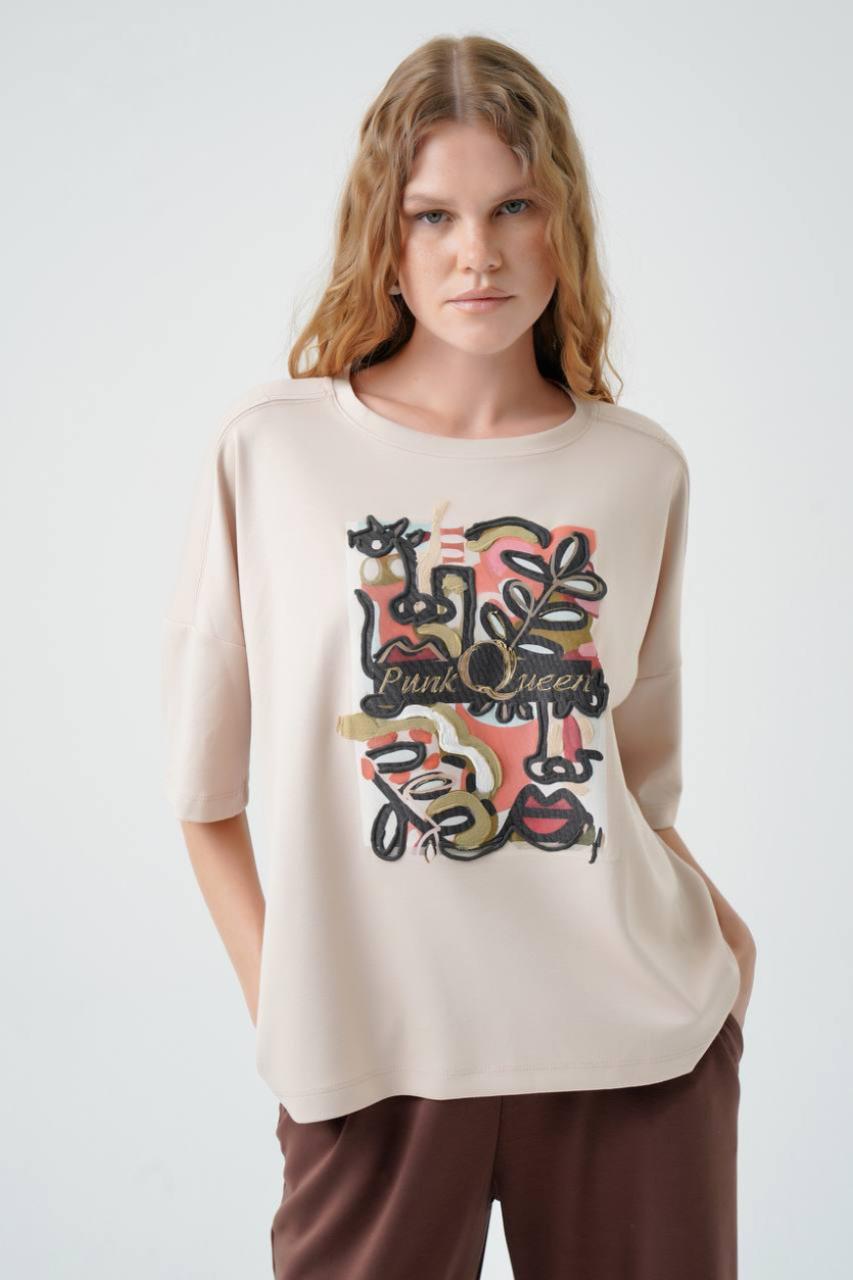 tricou oversized cu imprimeu abstract artistic bej damă