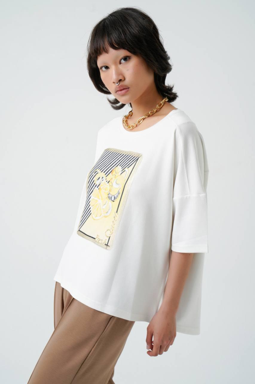 Tricou Oversized cu Imprimeu Galben, Femei, Ecru XL
