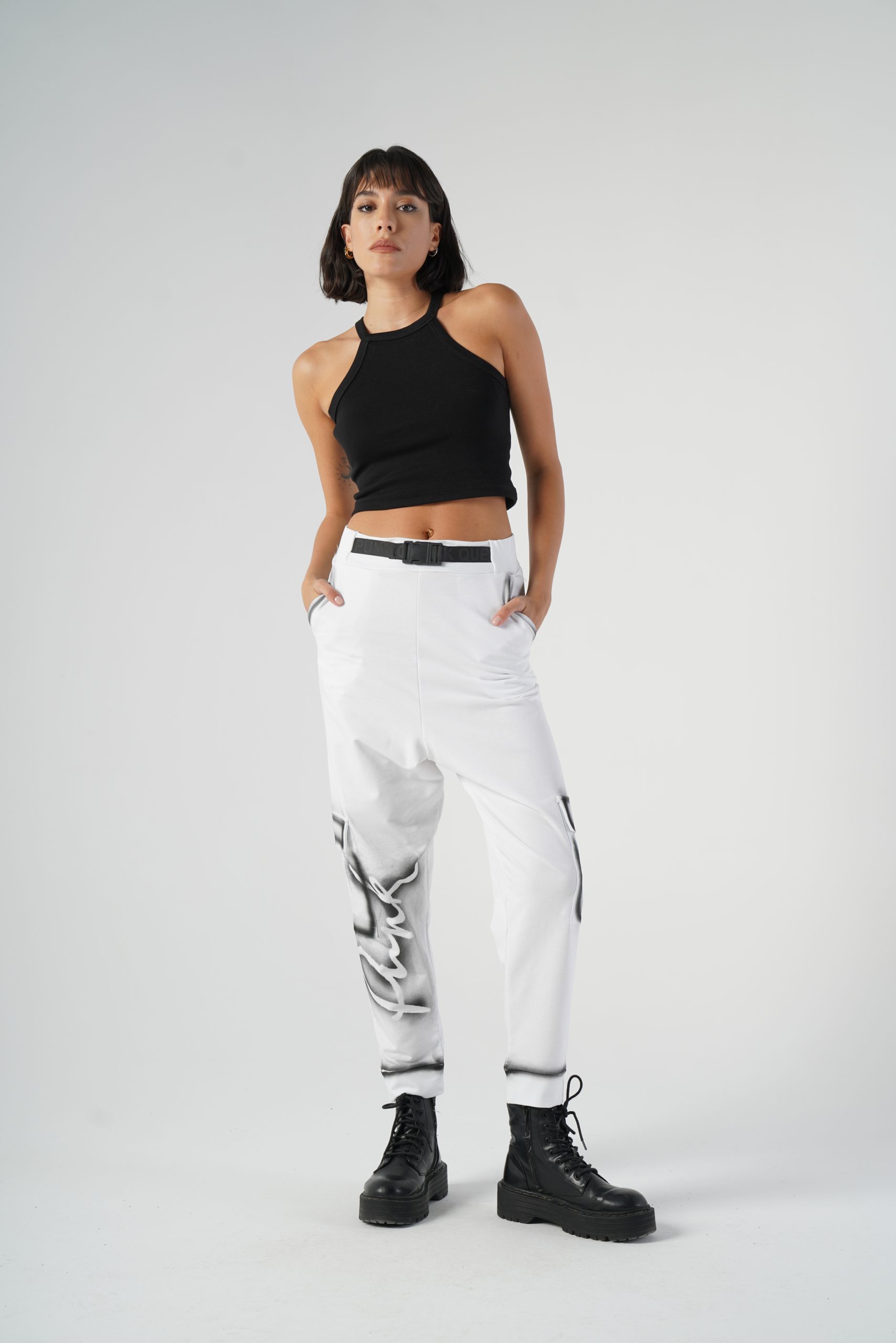 Pantaloni Cargo cu Imprimeu Street-Art, Femei, Albi S