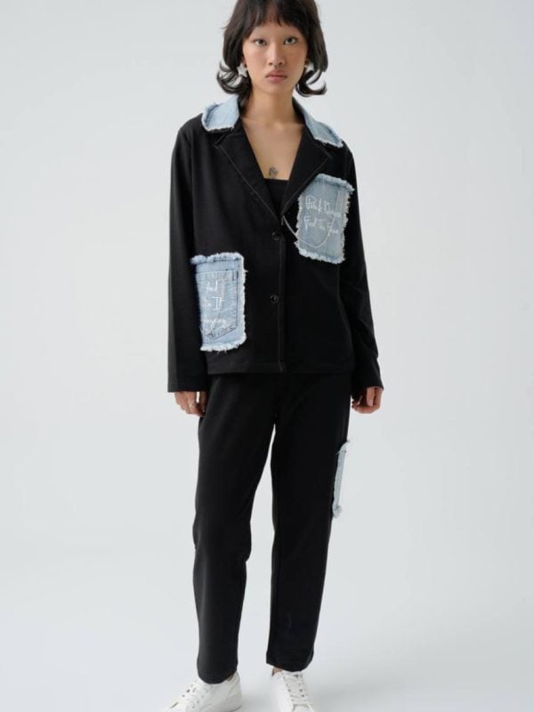 costum casual cu aplicații denim negru damă