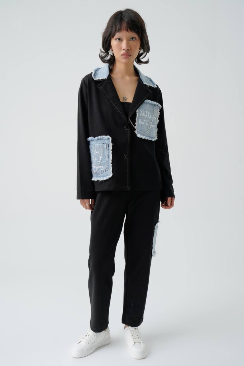 Costum Casual cu Aplicații Denim, Femei, Negru L