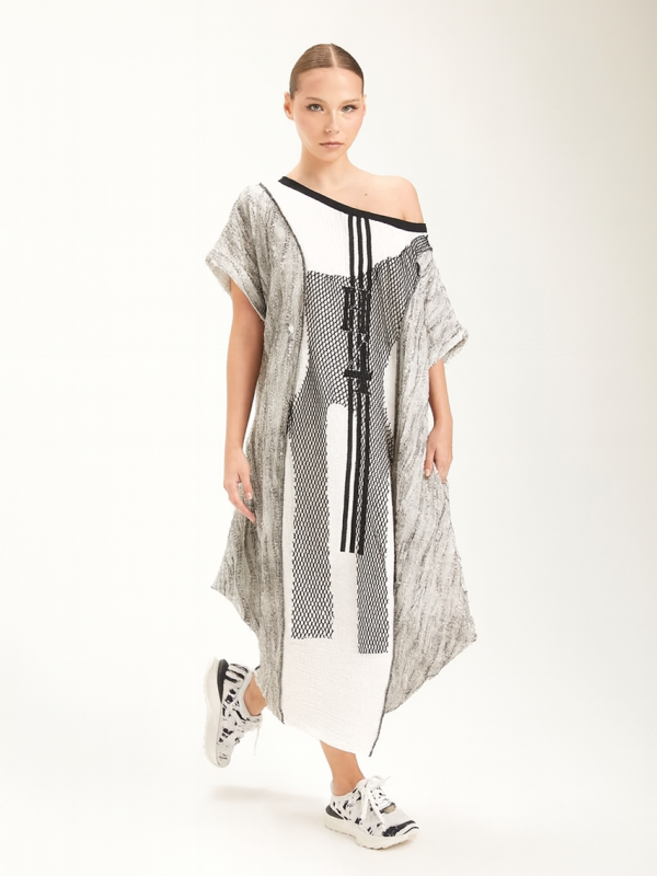 rochie oversize cu detalii din plasă albă/gri damă