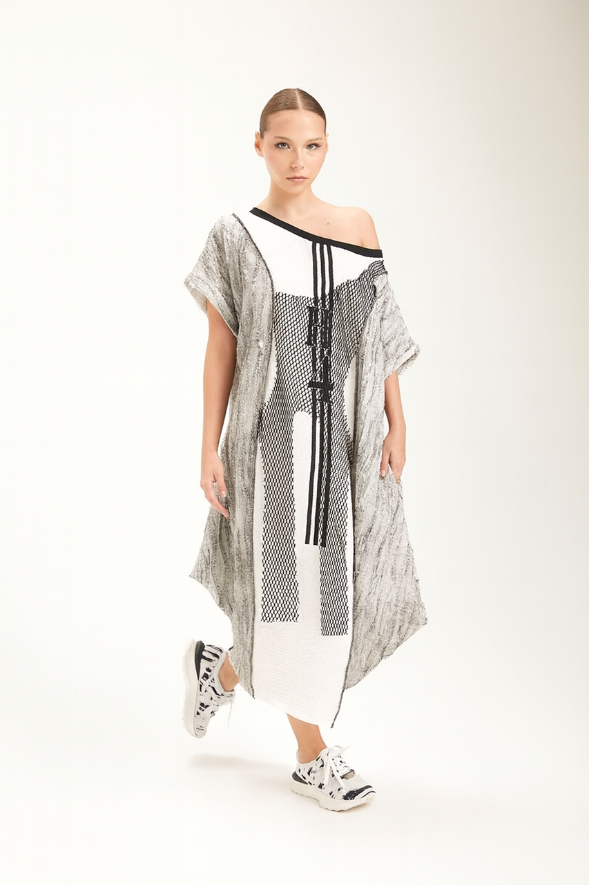Rochie Oversize cu Detalii din Plasa, Femei, Alba/Gri 40