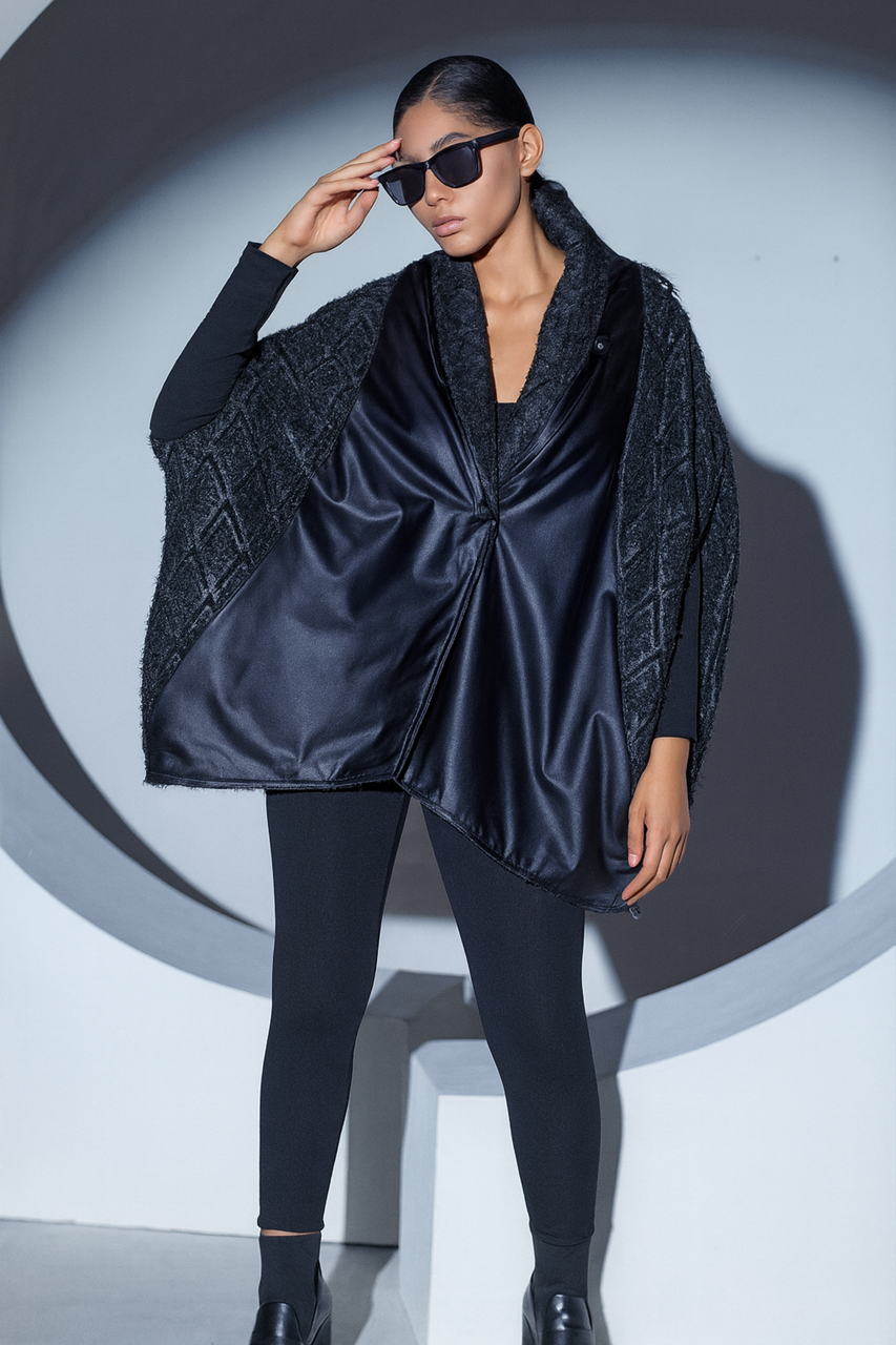 Jacheta Capa Oversize cu Texturi Mixte, Femei, Neagra 38