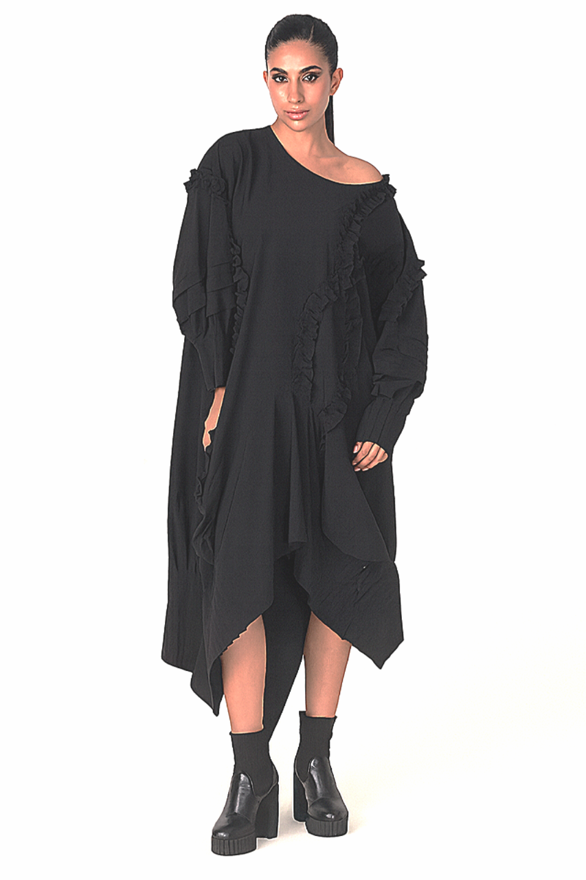 Rochie Asimetrica cu Volan Decorativ, Femei, Neagra 36