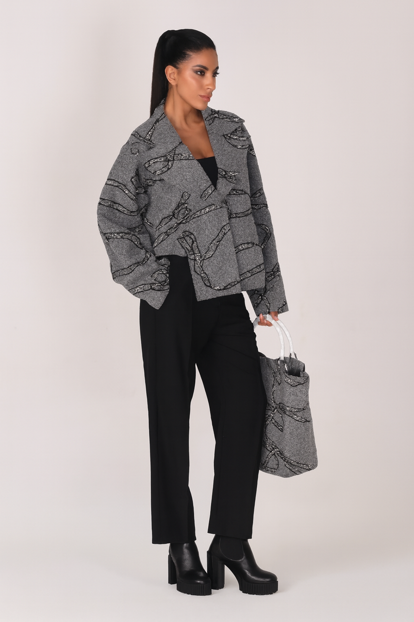 Jacheta Oversize cu Model Abstract, Femei, Gri 38