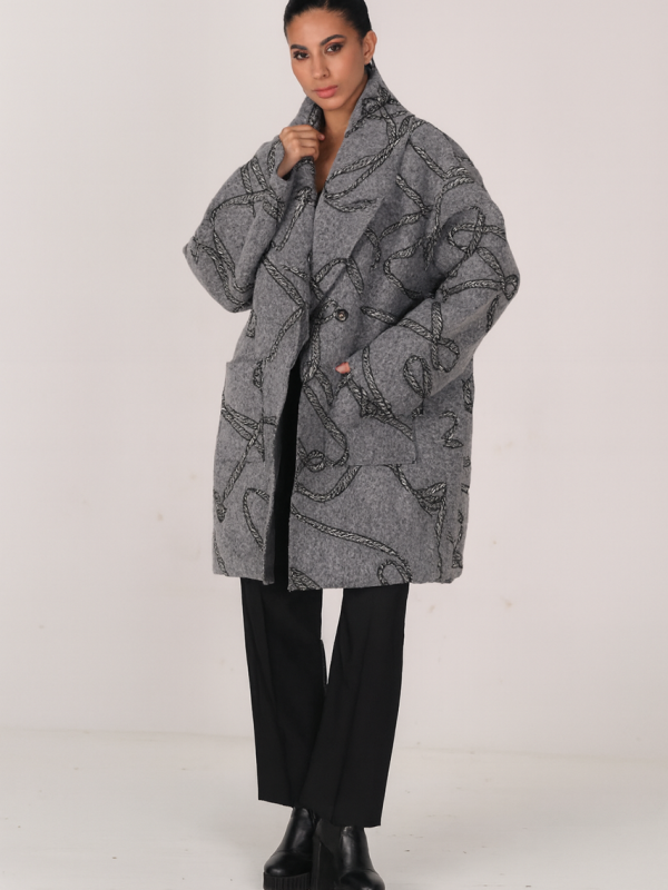 palton oversize cu model abstract gri damă