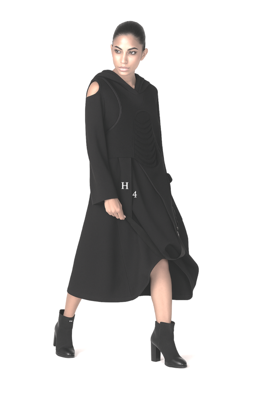 Rochie cu Gluga si Design Asimetric, Femei, Neagra 38