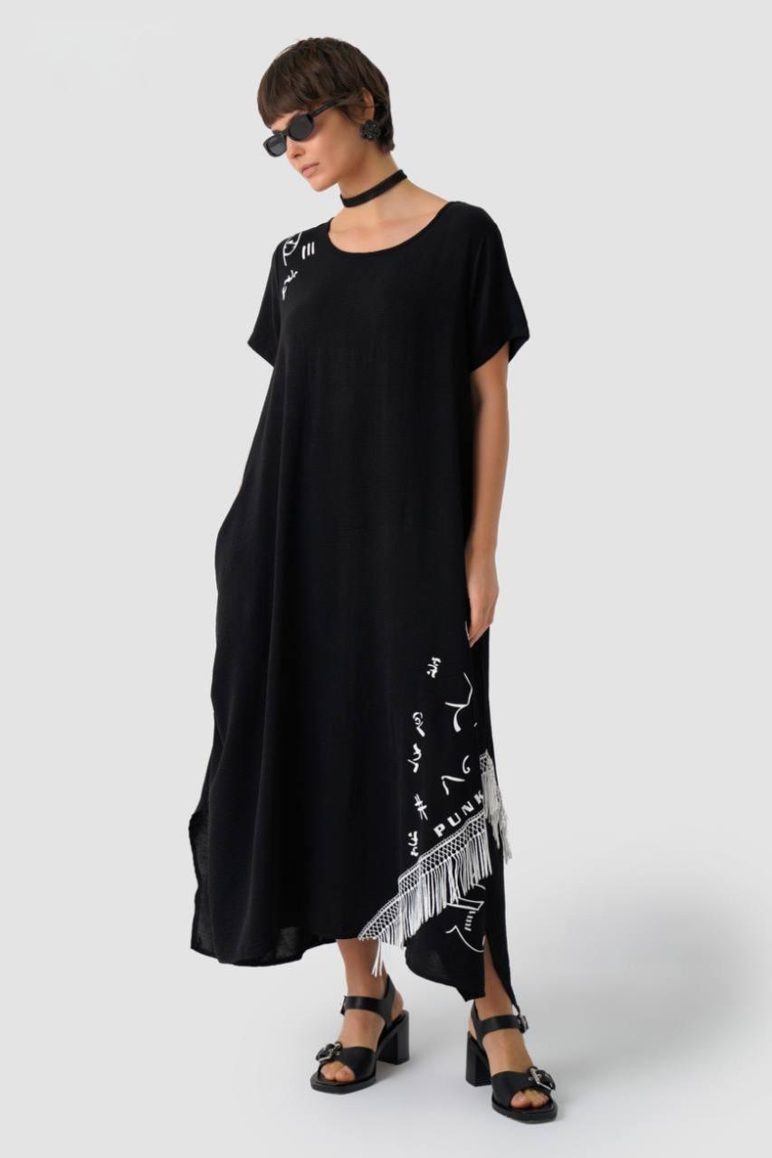 Rochie Lungă Oversize cu Franjuri Neagră L