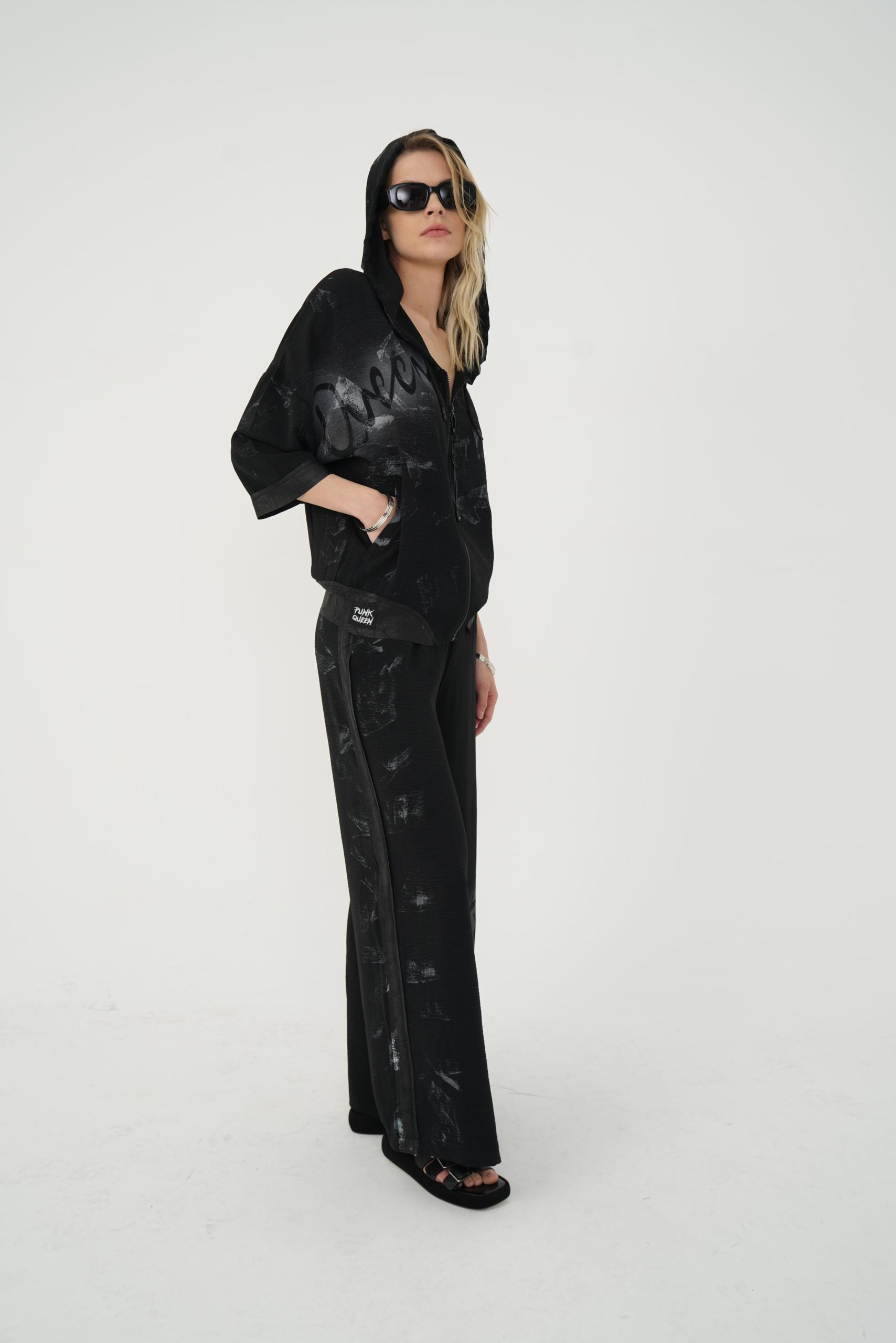 Set Casual cu Glugă și Pantaloni Largi Negru L