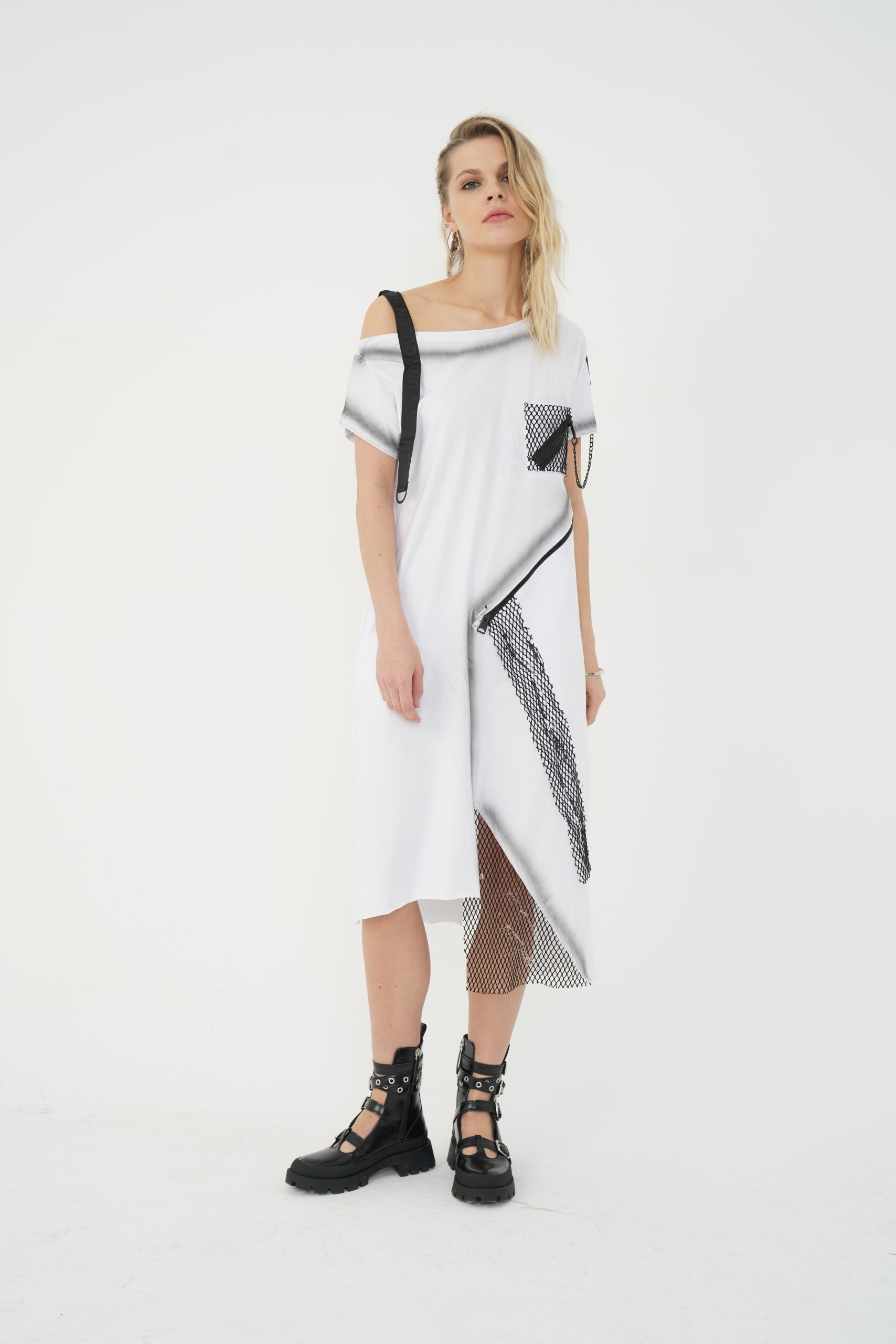 Rochie Asimetrică cu Plasă Albă XL