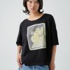 tricou oversized negru cu imprimeu auriu cu lămâi damă