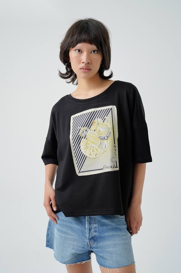 Tricou Oversized cu Imprimeu Auriu Negru L Negru