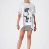 tricou oversize alb cu imprimeu craniu metalic damă