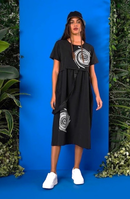 Rochie Midi Urbană cu Imprimeu Abstract Neagră S
