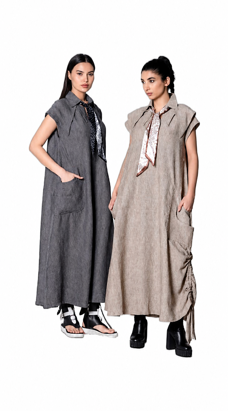 Rochie Lungă Oversize cu Guler și Eșarfă Bej 36