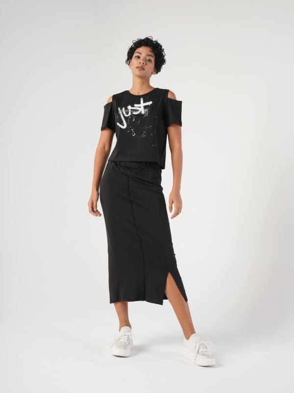set tricou și fustă midi negru damă