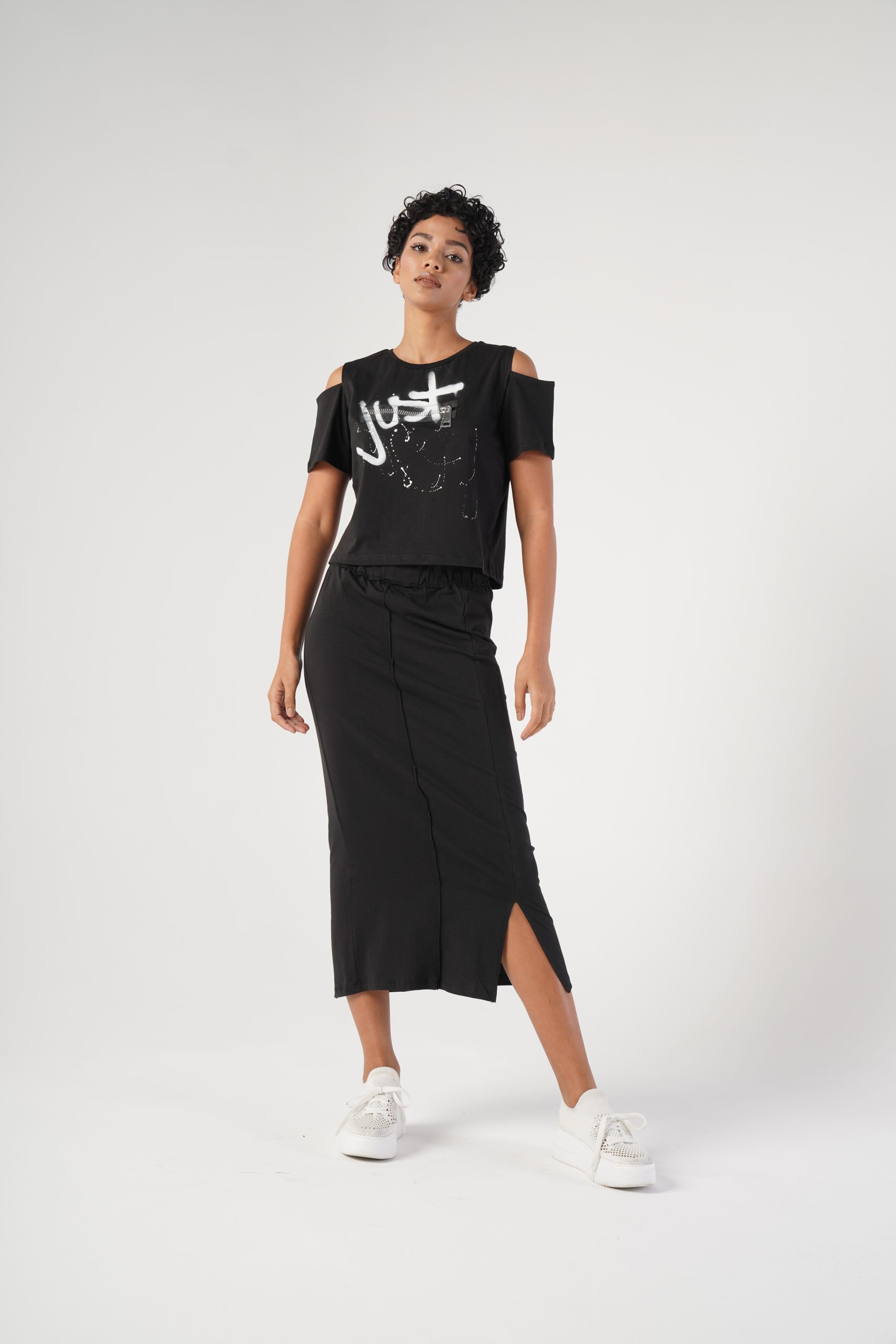 Set Tricou și Fustă Midi L Negru