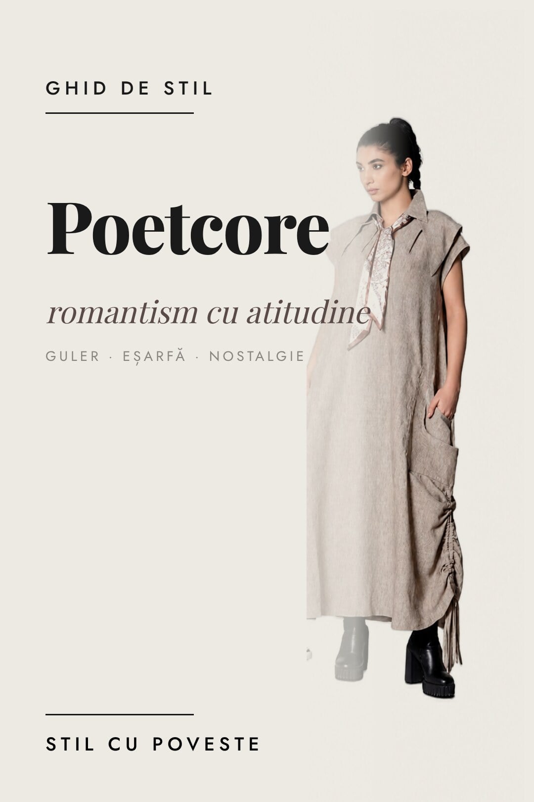 Ghid de stil Style4Street: stilul poetcore — model în rochie lungă bej cu guler, eșarfă și bocanci