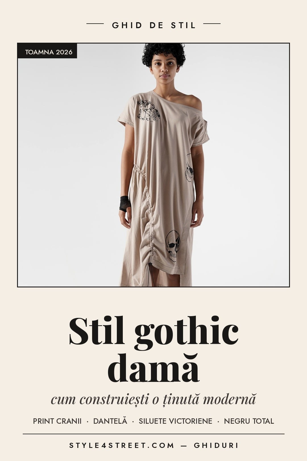 Rochie asimetrică cu imprimeu cranii, piesă statement pentru o ținută gothic damă modernă — copertă ghid de stil Style4Street.